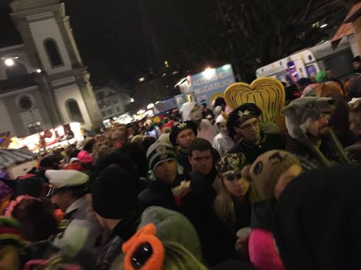  Crazy crowds surging with pounding, contrapuntal and Ivesian rhythms. Last night at Lucerne's Fasnacht.