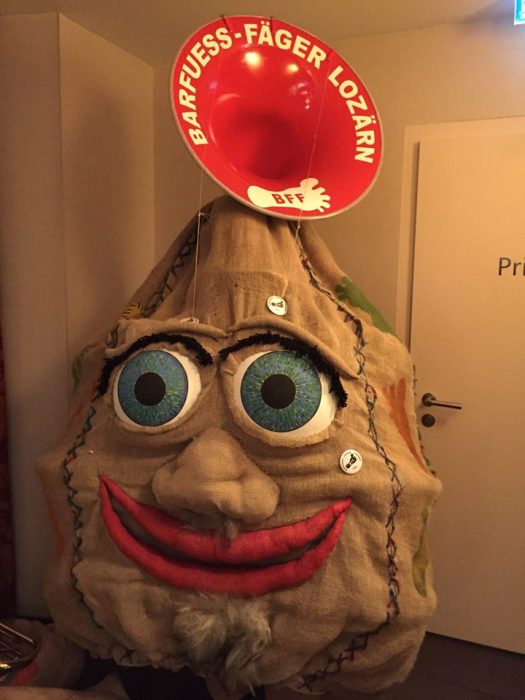 The "sack" theme expressed in this incredible costume (with embedded tuba!), worn this year by the Barfuess-Fäger Guggenmusik group.