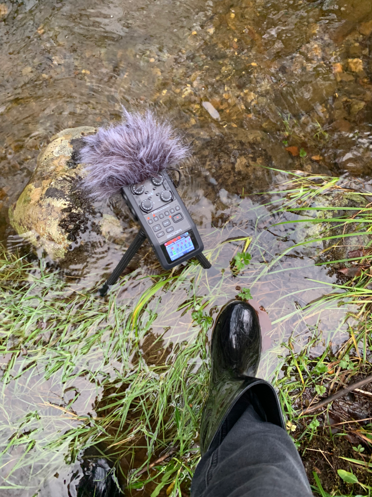 Tod Machover recording Miller Brook River outside Stowe, Vermont for the FLOW Symphony project